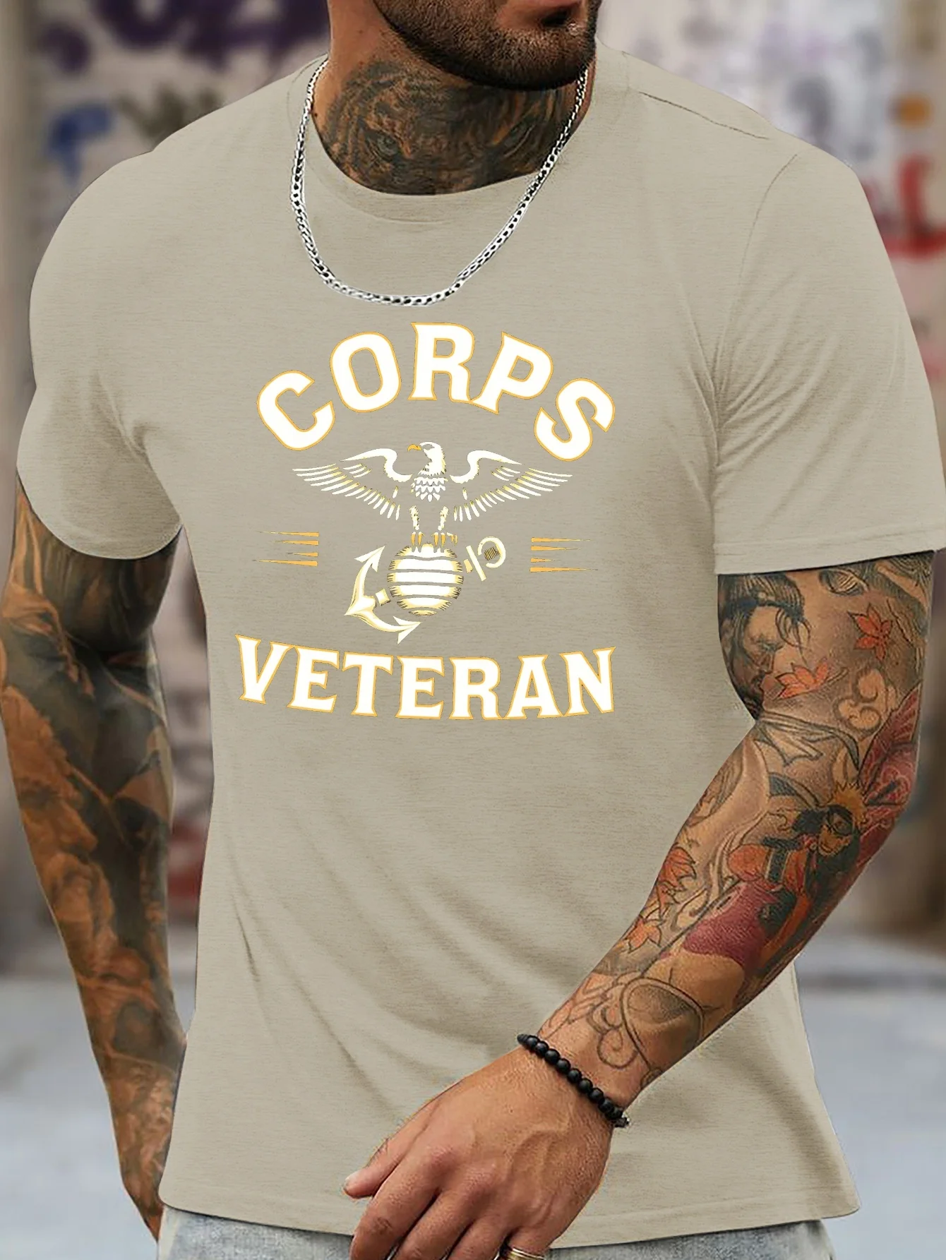 Men's Corps Veteran Patriotic Eagle & Anchor Emblem pattern  - 100% cotton summer   short sleeve O-neck printed T-shirt.