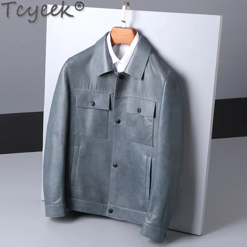 

Tcyeek New Genuine Leather Jacket Men 2023 Lapel Casual Sheespkin Coats Spring Autumn Men's Clothing Chic кожаная куртка женская