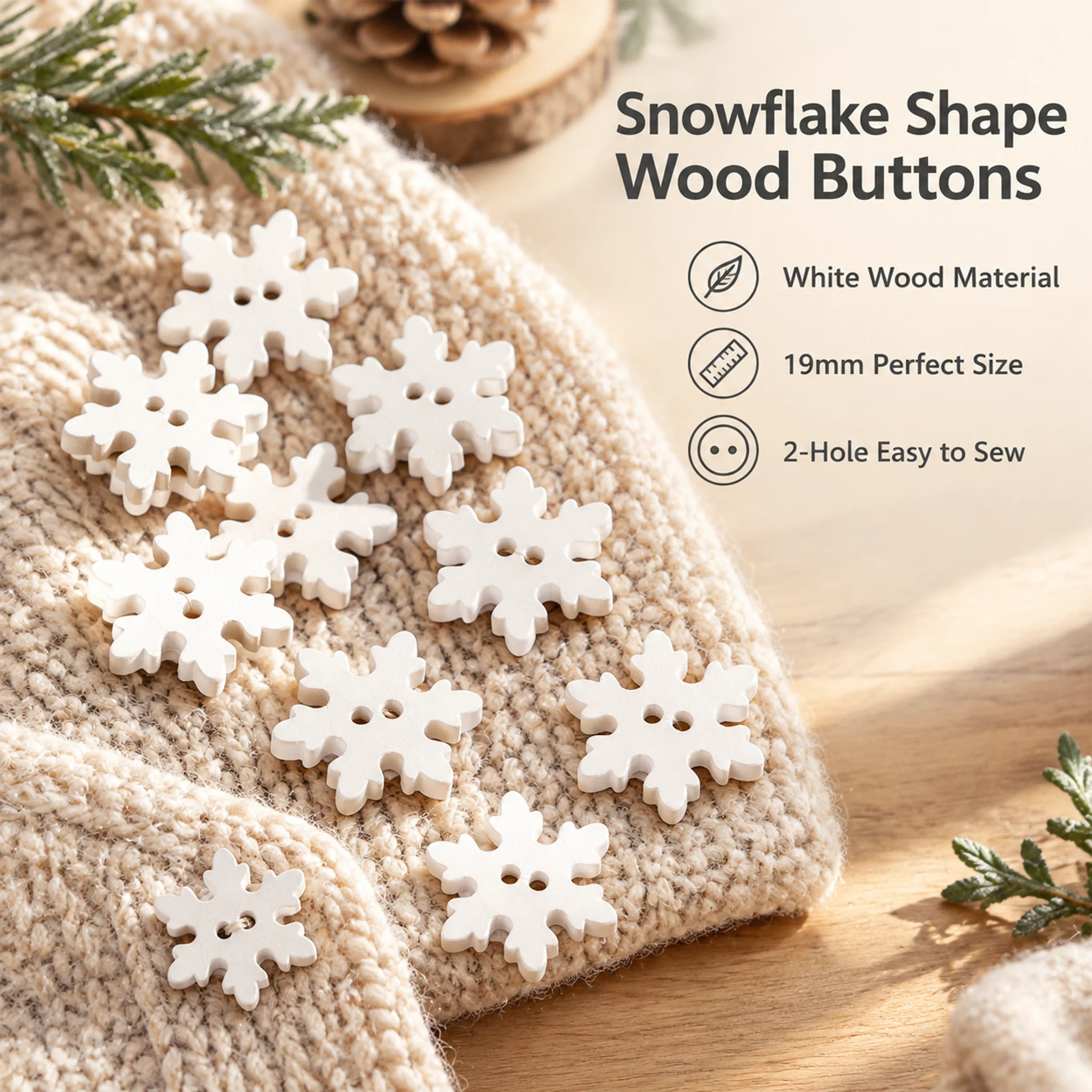 10pcs White Painted Wood Snowflake Button 19mm 0.4g 2 Hole Winter Holiday Sewing Craft DIY Scrapbooking Cardmaking Embellishment