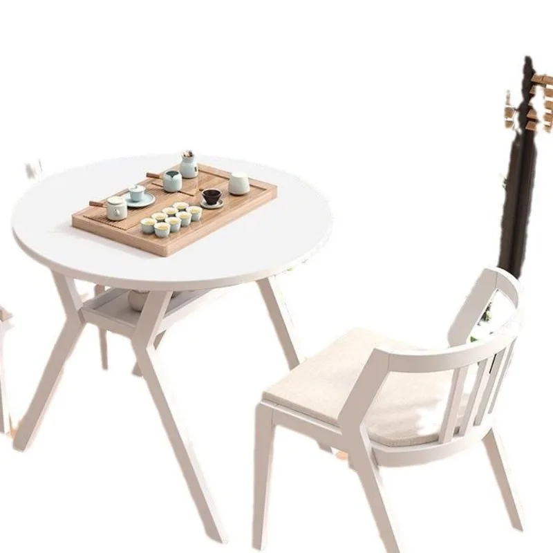 

Balcony leisure table and chair three-piece set solid wood set tea table one two chairs combination round