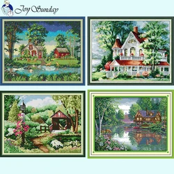 Villa Landscape Series Joy Sunday Stamped Cross Stitch 14ct 11ct 16ct Count Printed Embroidery Kit DIY Home Decorative Painting