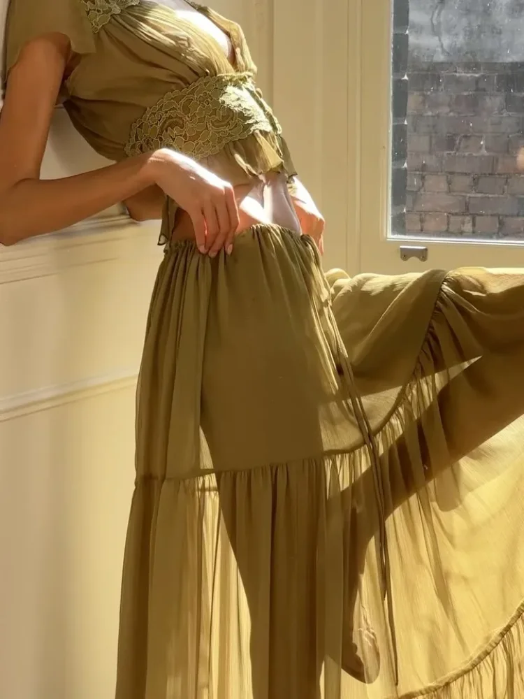 

Elegant Pleated Maxi A-line Skirt Sets Women Chic Short Sleeve Deep V-neck Slim Cropped Top Suit 2026 Vacation Beach Outfits