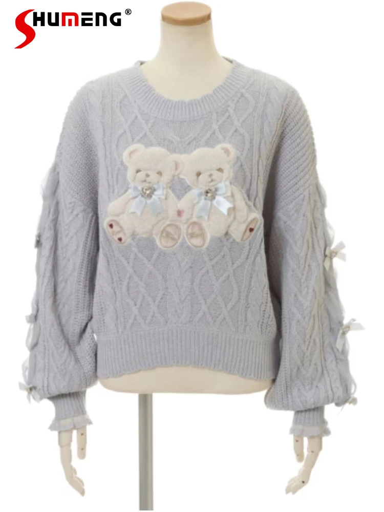 Japanese Cute Girl Mine Twin Bear Pink Pullover Sweater Winter Kawaii Woman's Warm Long Sleeve Knitted Top Sweet Knit Jumper