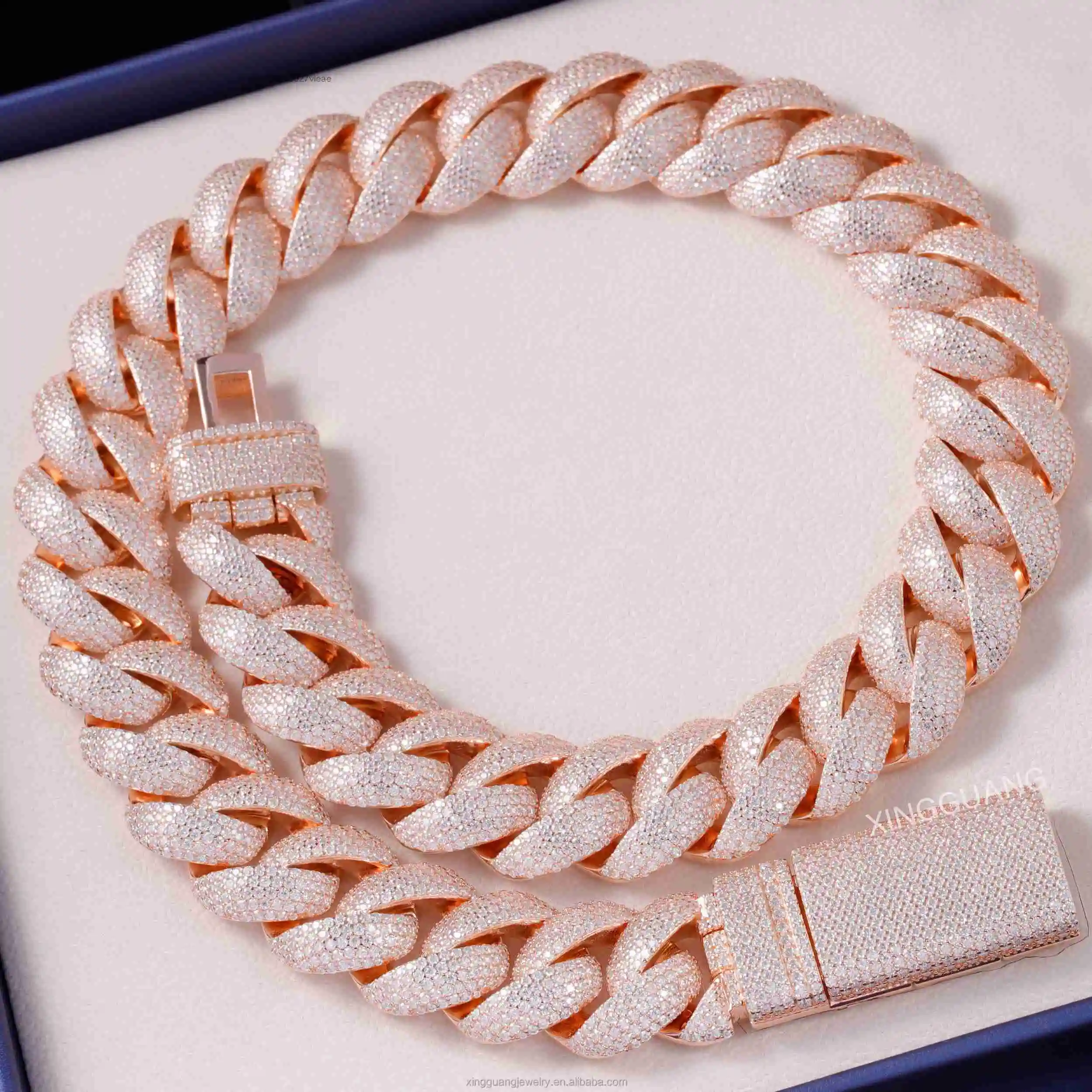 Ship to Ready Gold Plated 22mm Full Iced Out VVS Moissanite Diamond S925 Sterling Silver Cuban Link Chain with GRA Certificate..