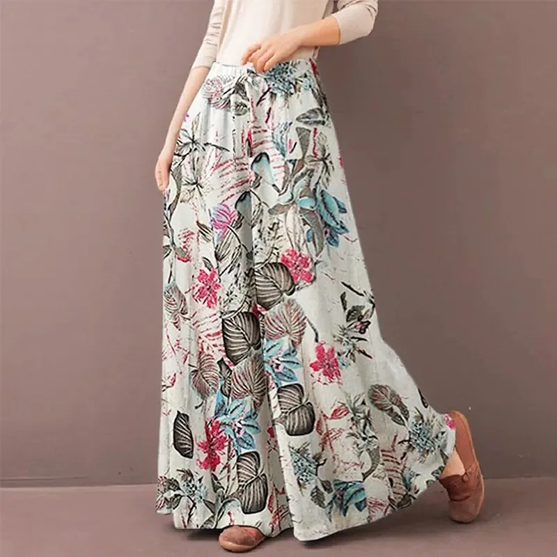 Pantalones de pierna ancha con estampado Floral para mujer, pantalón bohemio con cordón, informal, holgado, con cintura elástica, primavera y otoño