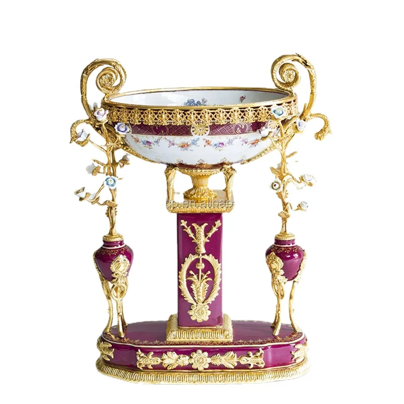 20 inch high relief white porcelain gold-plated brass classic oval Compote server candy bowl with handle and base.