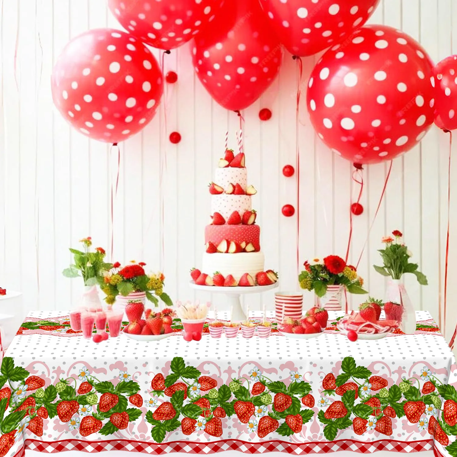 Pink Strawberry Pattern Tablecloth Sweet Summer Theme Round/Rectangular Home Kitchen Dining Room Outdoor Picnic Party Decoration