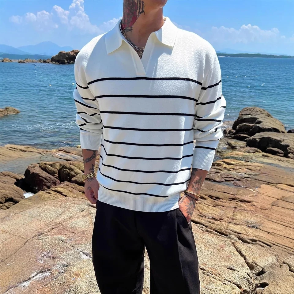

2025 Autumn Winter New Men Turn Down Collar Striped Polo Shirt Long Sleeve Black White Color Block Casual Business Top
