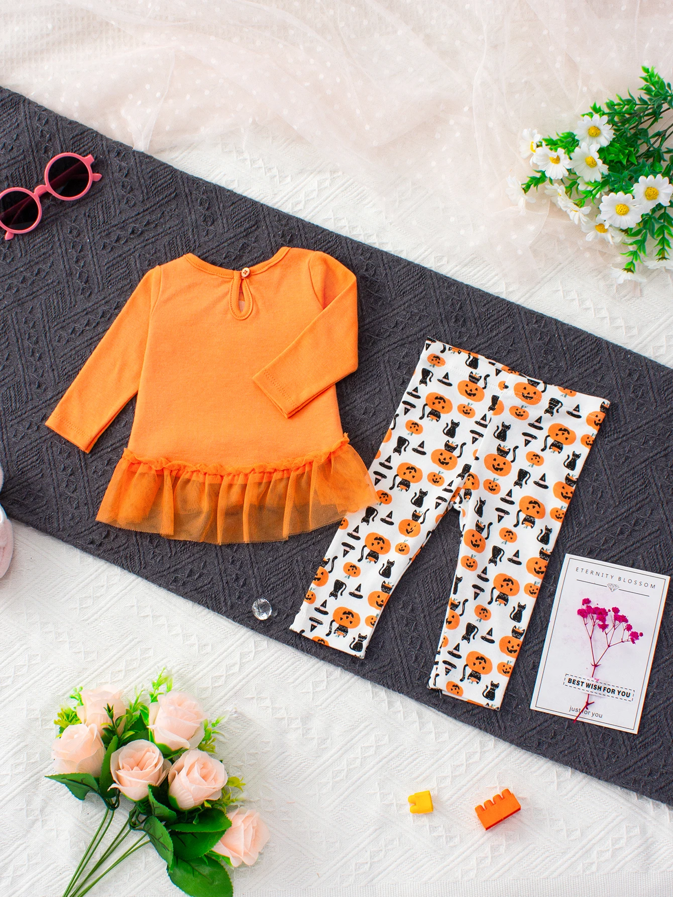 2PCS New Autumn/Winter Girl Baby Halloween Pattern Set Long sleeved Skirt Top+Leggings Cute Princess Style Cotton Soft, Comforta