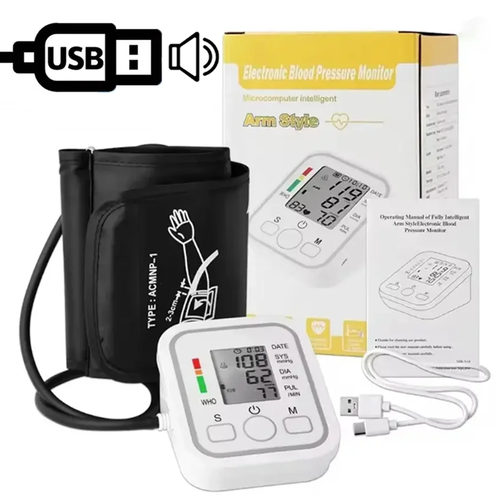 Portable Upper Arm Blood Pressure Monitor Digital Sphygmomanometer Measurement Tool BP Monitor Tensiometer Medical Tonometer