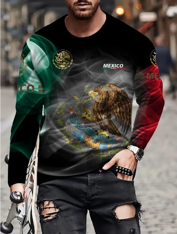 

Men's Stylish Mexican Digital Print Long-Sleeve T-Shirt - Soft, Breathable Polyester Blend with Stretch