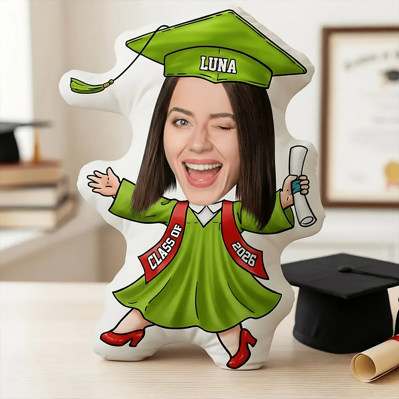 Exclusive Customized Portrait Pillow Class of 2026: Graduation Celebration Design. Customizable Name on Blue and Yellow Gown Gra
