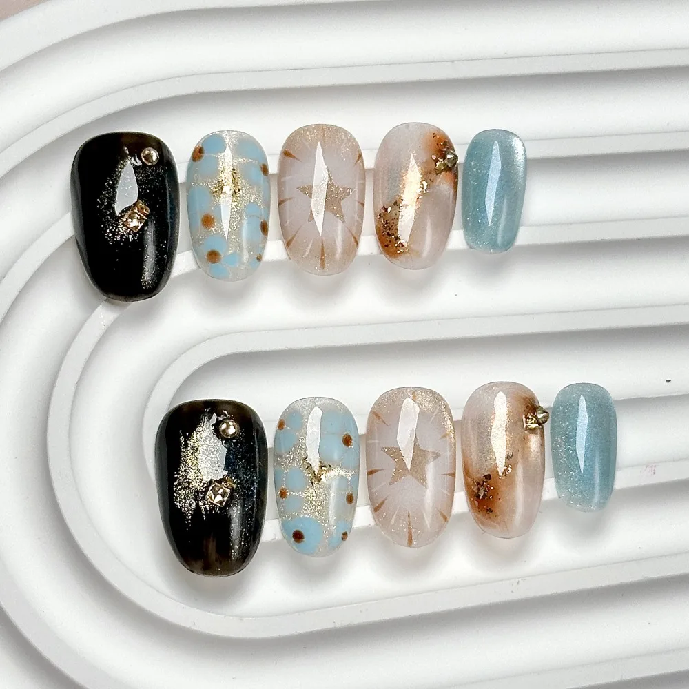 10 Pieces Exquisite Soft Sparkling Handmade Press On Nails Velvet Stars Diamonds Fake Nails Art Removable and Reusable