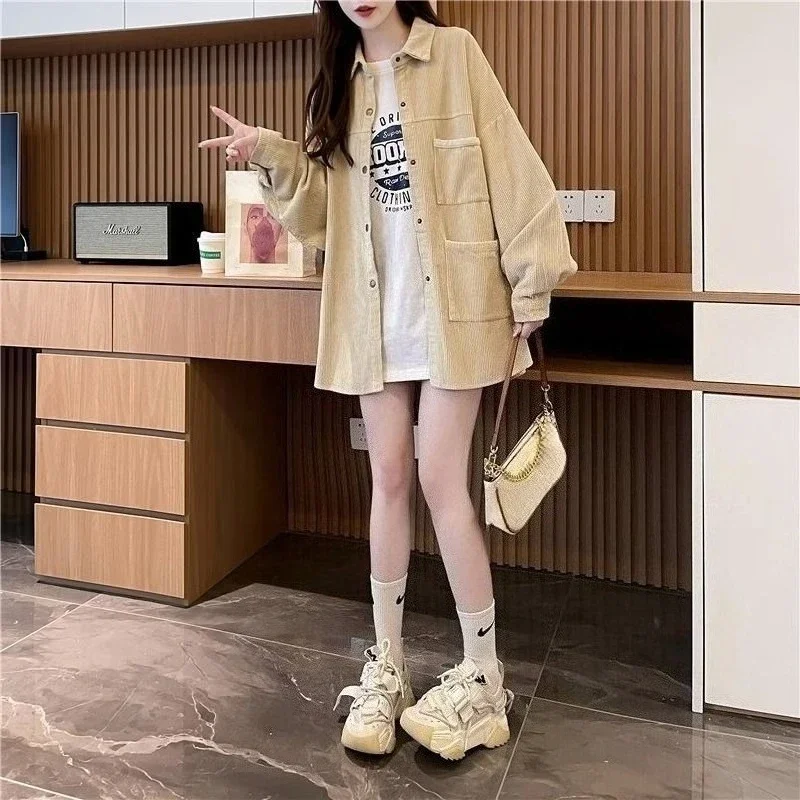 

​Corduroy Women's Shirt Coat Loose Lazy Style Spring Autumn Thin Blazer New Designer Trendy Versatile Coat​
