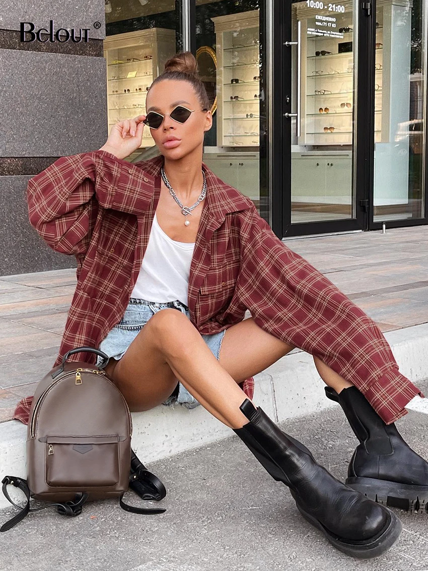 Bclout Street Red Plaid Loose Blouses Women 2024 Vintage Long Sleeve Office Lady Shirts Fashion Streetwear Cotton Blouses Femal