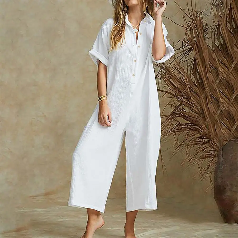 

Women Jumpsuit Lapel Short Sleeve Buttons Half Placket Pleated Summer Jumpsuit Wide Leg Pants Office Jumpsuit macacão feminino