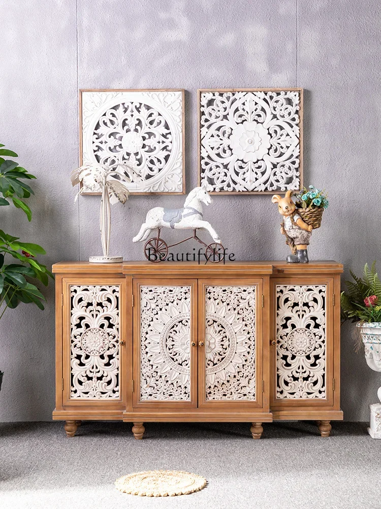 American retro carved solid wood porch cabinet modern living room wall storage locker