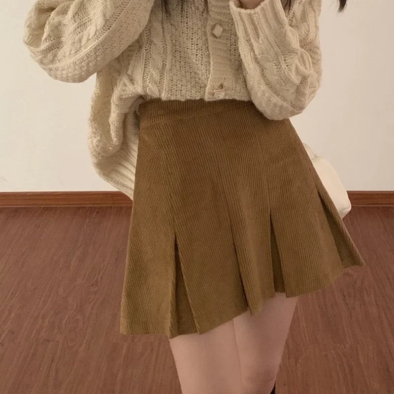 

Autumn Corduroy Women Skirts Vintage High Waist Ladies Skirts Solid Color Casual Mini Skirts Female Pleated A Line Skirt