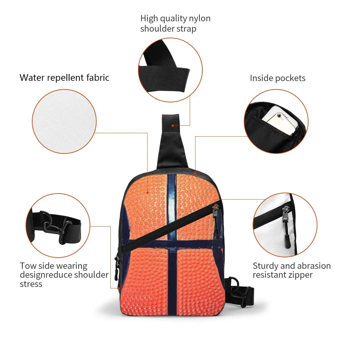 Custom Basketball Texture Crossbody Sling Backpack Men Shoulder Chest Bag for Travel Hiking Daypack