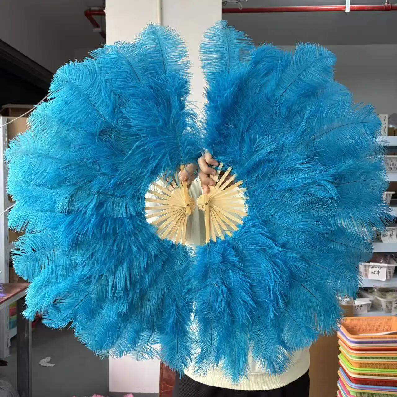 Lightweight Foldable Ostrich Feather Fan 70*40CM 15 Bones Lake Blue Handheld for Travel Dance Party Wedding Decor