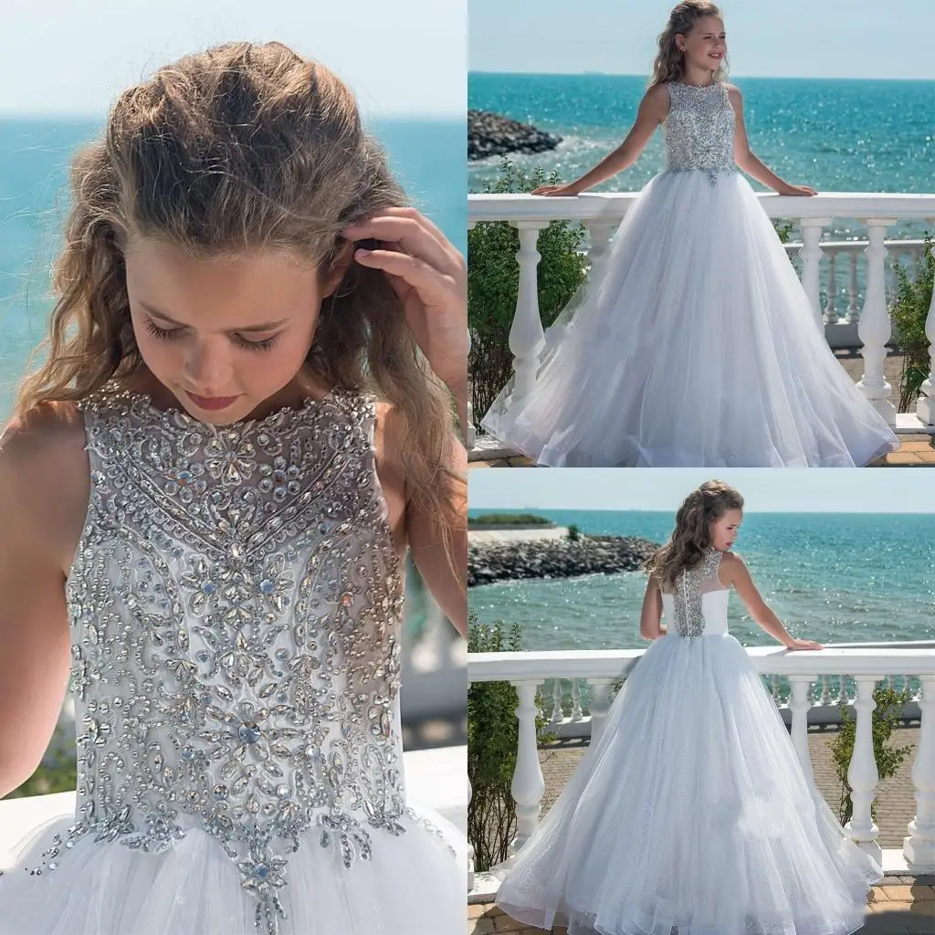 

New Princess Flower Girls Dresses A Line O-Neck Sequins Beaded Crystal Tulle Girls Pageant Birthday Christmas