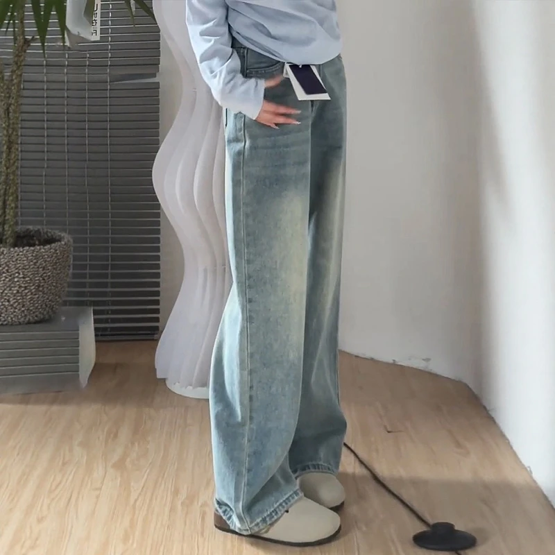 Retro Faded Light High Waist Wide Leg Jeans Women Summer Casual Loose Slim Straight Floor-Length Pants Cleanfit Style