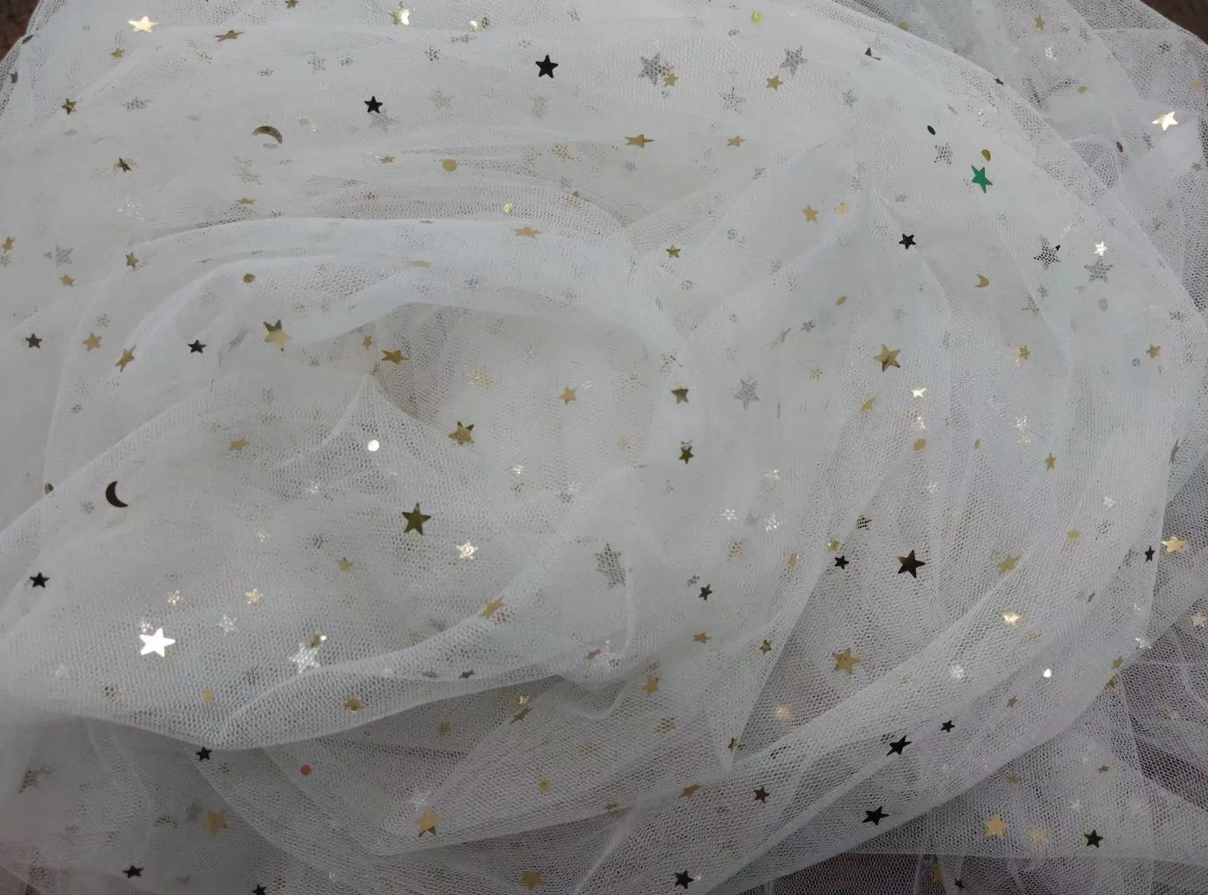 1 Yard Off White Tulle Lace Fabric with Golden Sequined Sparkling Starts and Moon for Party Dress Sewing,Skirt Supplies