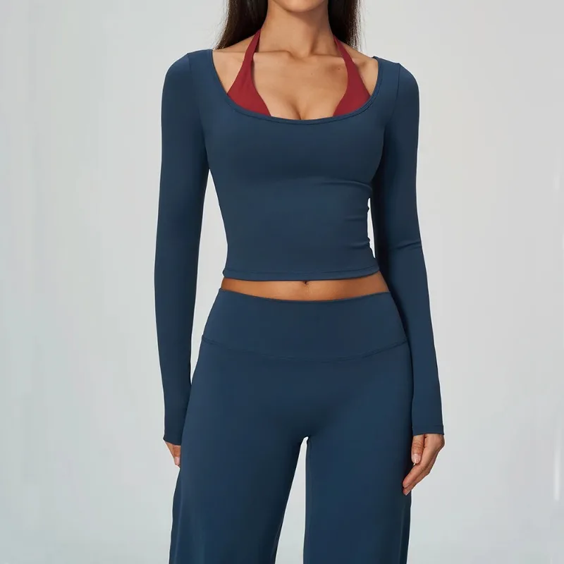 Women Yoga Long Sleeved Fitness Running Workout Gym T-shirt Top Color Contrast Scoop Neck Halter Detail Cropped Yoga Sports Top