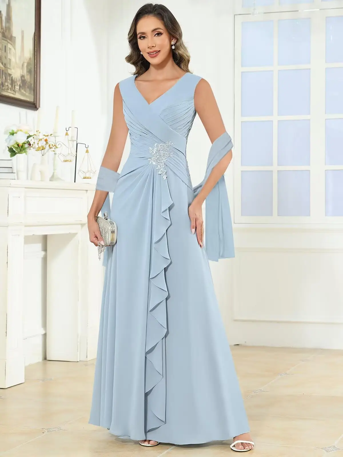 

Women's Ruched Chiffon Mother of The Bride Dresses for Wedding V Neck Sleeveless Long Formal Evening Gown