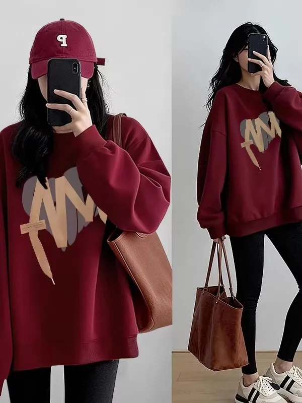 

Retro Layering New Year's Fashion Women's round Neck Fleece Lined Hoodless Sweatshirt Comfortable Long Sleeve Printed Top