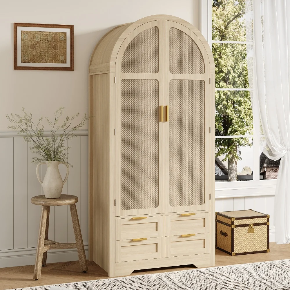 PINGGO Moderner Kleiderschrank mit Gebogenen Türen Großzügiger Stauraum Kleiderstange Schubladen Luxuriös für Schlafzimmer Eingangsbereich – Detail 12
