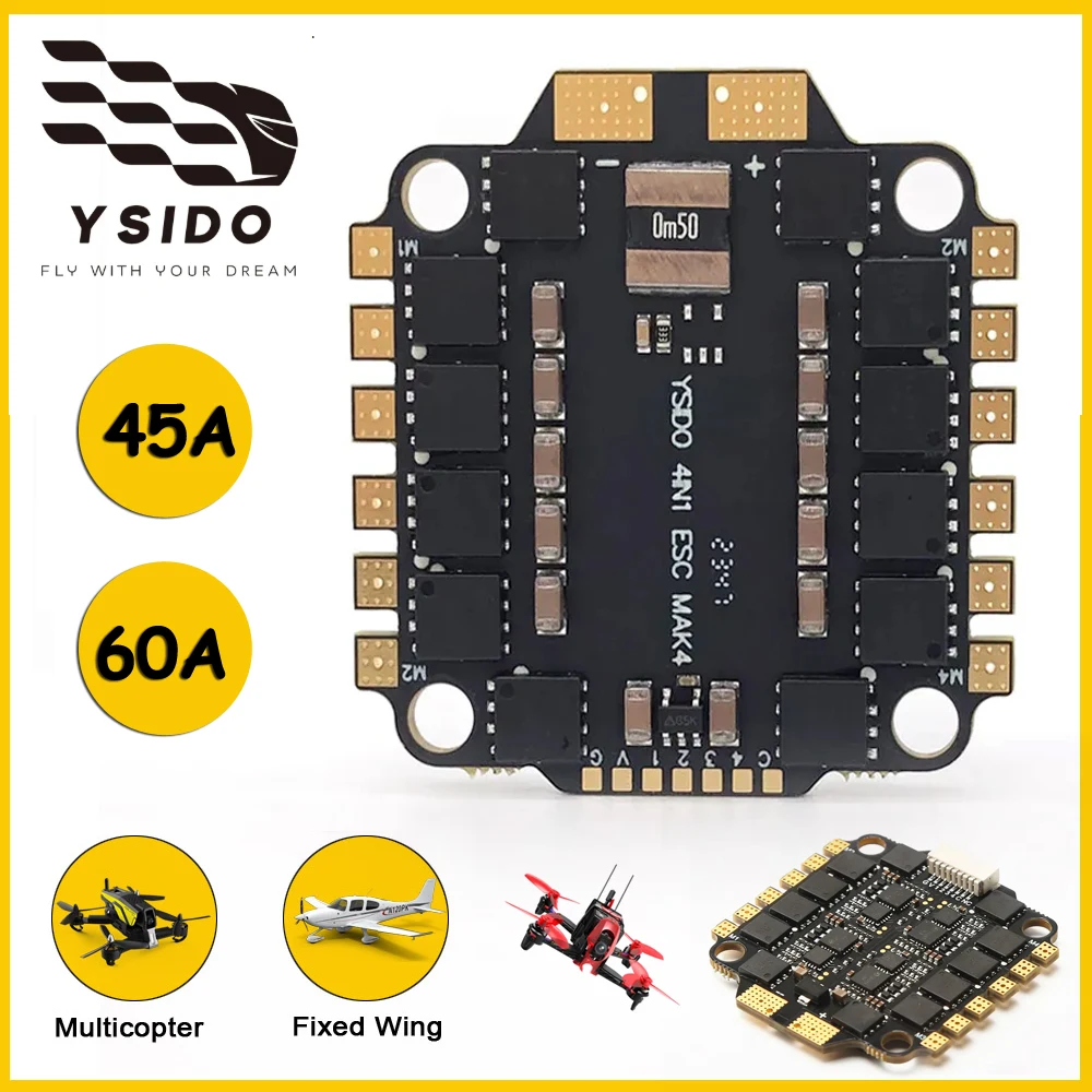 

YSIDO 45A / 60A 4in1 ESC Stack/Flytower BLHeli_s 2-6S Lipo for 5inch 7inch 10inch DJI Freestyle FPV Racing Drone DIY Parts