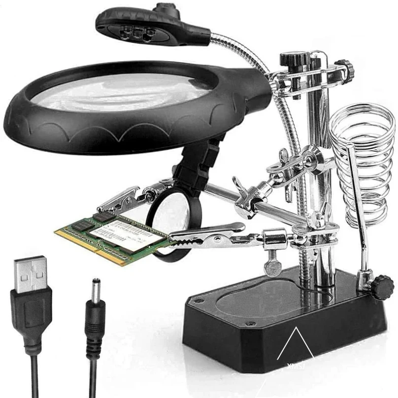 

XMSJ 3 Hand Soldering Iron Stand Welding Tool With Magnifying Glass Illuminated LED Alligator Clip Holder Clamp Helping Repair