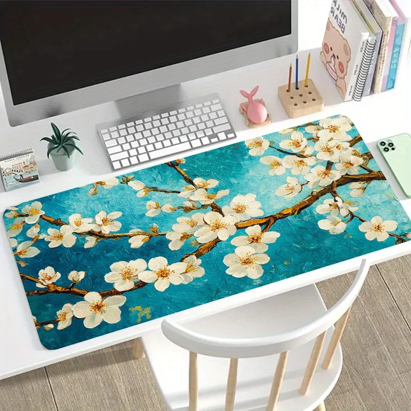 Blue Floral Large Gaming Mouse Pad Non-Slip Washable Desk Mat Laptop Keyboard Tray Office Computer Decor Oversized Black
