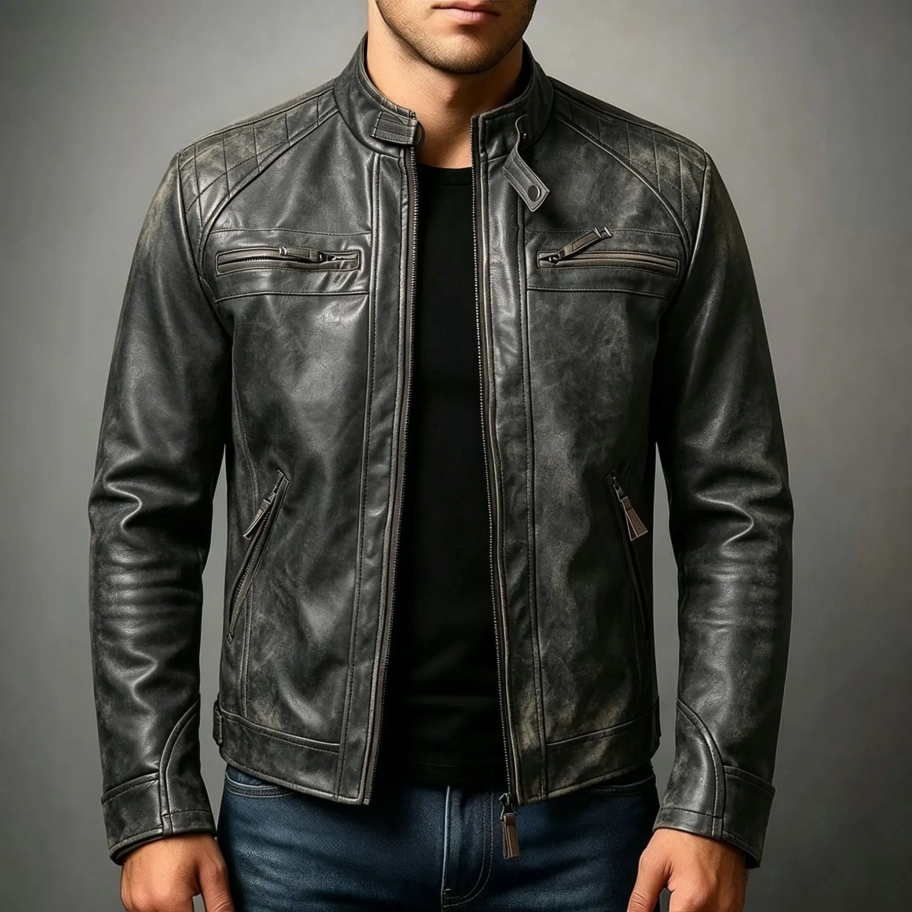 Men Autumn Winter Men Pu Jackets Men Retro Biker Faux Leather Jacket Stand Collar Slim Fit Zip Up Motorcycle Leather Coat