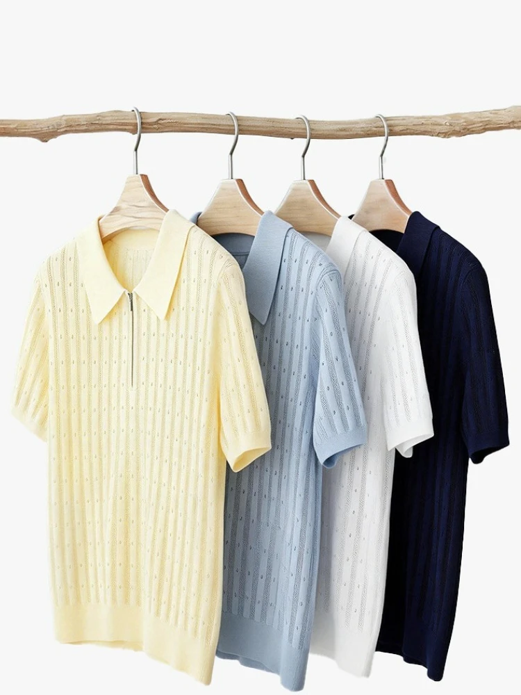 zjaiss  Hollow Jacquard Polo Collar Knit Top 2026 Summer New Elegant Women T-shirtWomen Slim Figure Flattering Versatile Tee