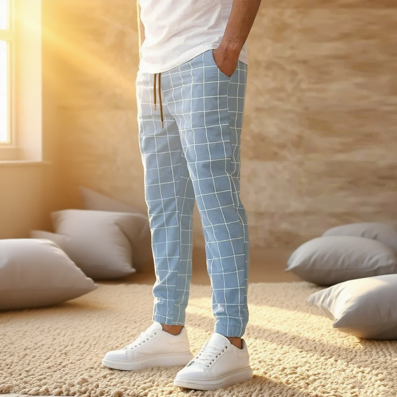 의류남성 맞춤형 작은 다리 바지, 고품질 한국어 버전, 체크 무늬 패션, 소매 색상, 캐주얼 핏 스포츠 스키니