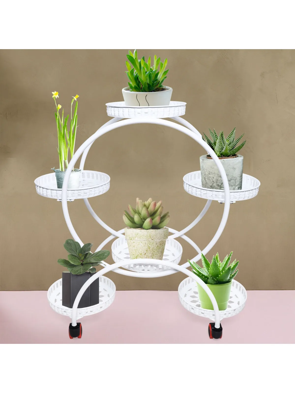 Supports pour plantes en métal, 4 niveaux, 6 Pots, plantes rondes blanches, porte-fleurs avec roulettes pour décoration intérieure et extérieure de jardin, cour, maison