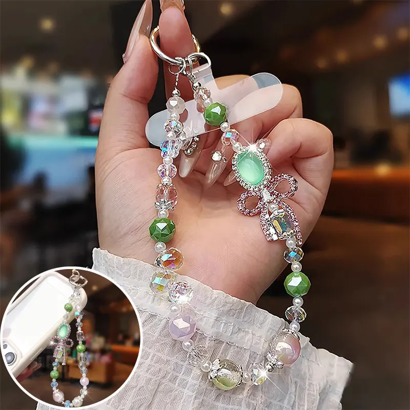 

Glitter Green Diamond Crystal Bracelet Phone Charm Chain Lanyard For iPhone Samsung Case Bag Keychain Phone Case Hanging Strap