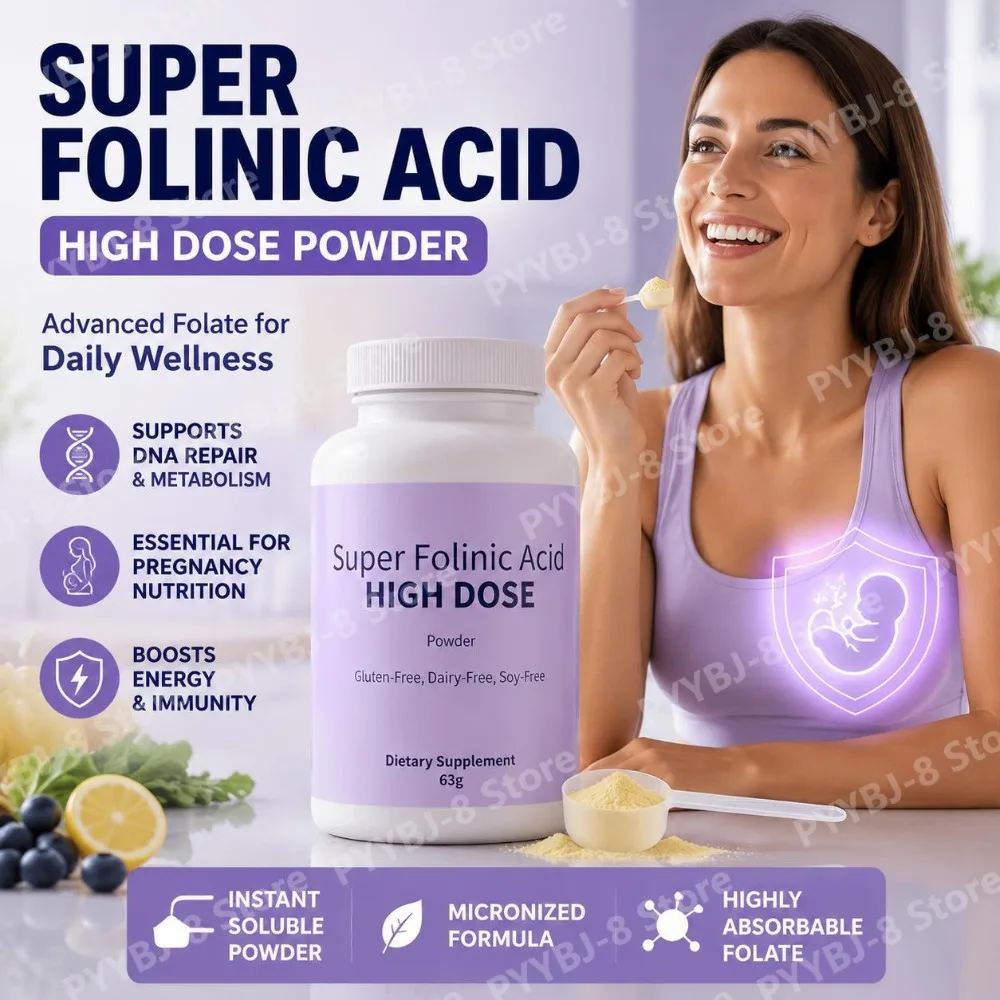Folinic Acid Supplement High Dose Powder Gluten-Free Dairy-Free Soy-Free with Folate, Vitamin B12 and Vitamin D, 63g