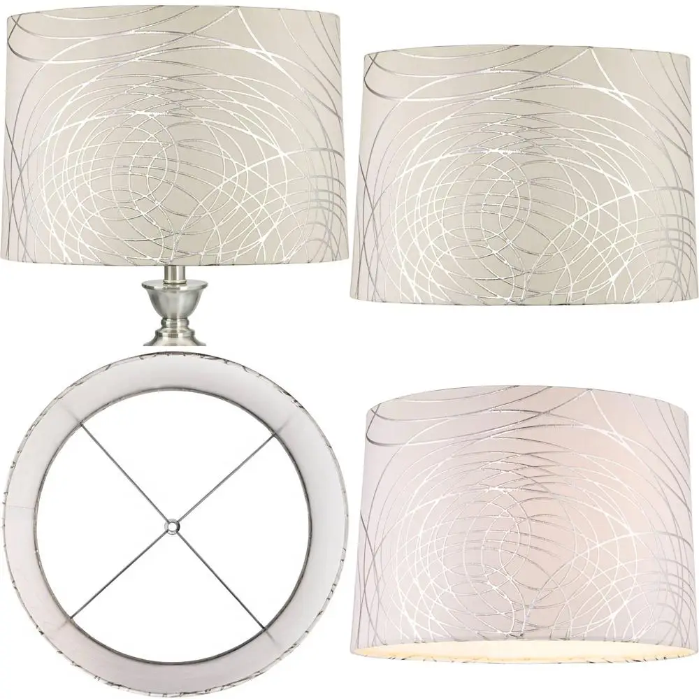 

Large Drum Lamp Shade Silver Circles Design 15 Top Diameter 16 Bottom Diameter 11 Height with Spider Fitting, Harp, and Finial -
