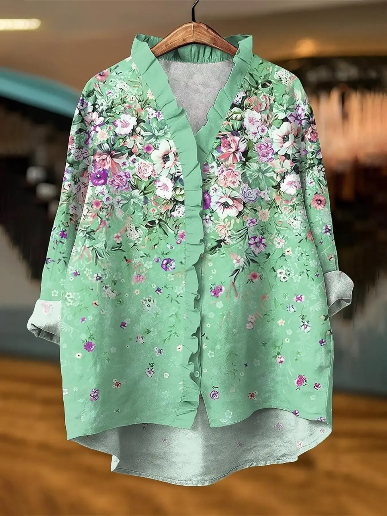 2026 new women's printed long sleeved shirt with ruffled collar, Holiday shoppers, curvaceous women
