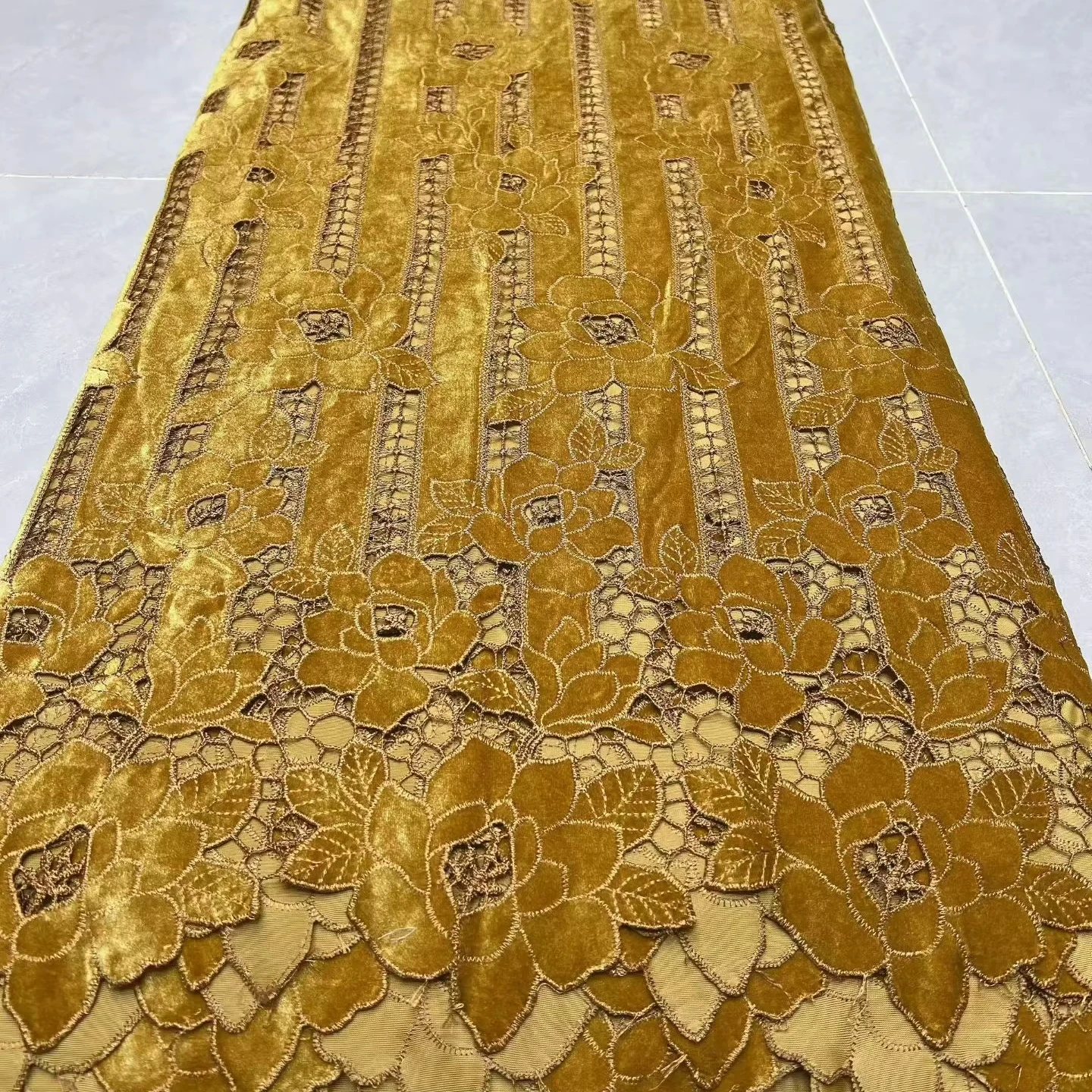 Guangzhou Eco-Friendly Weft Jacquard Black Velvet Laser Embroidered Lace Floral Pattern Polyester Women's Wedding Dress Fabric