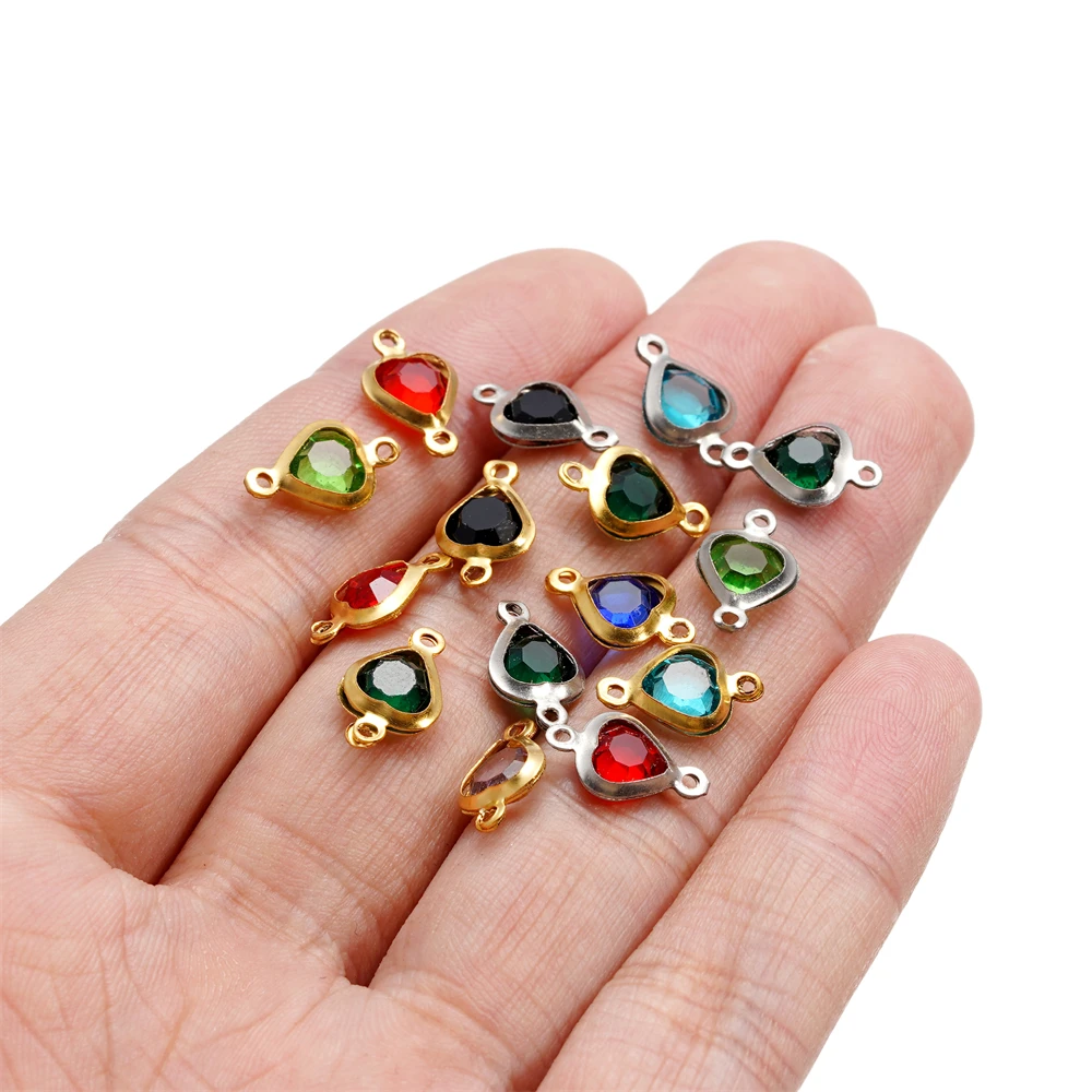 10pcs 7.5mm Stainless Steel Double Hole Heart Pendant Colorful Crystal Charms Connector for DIY Necklace Bracelet Jewelry Making