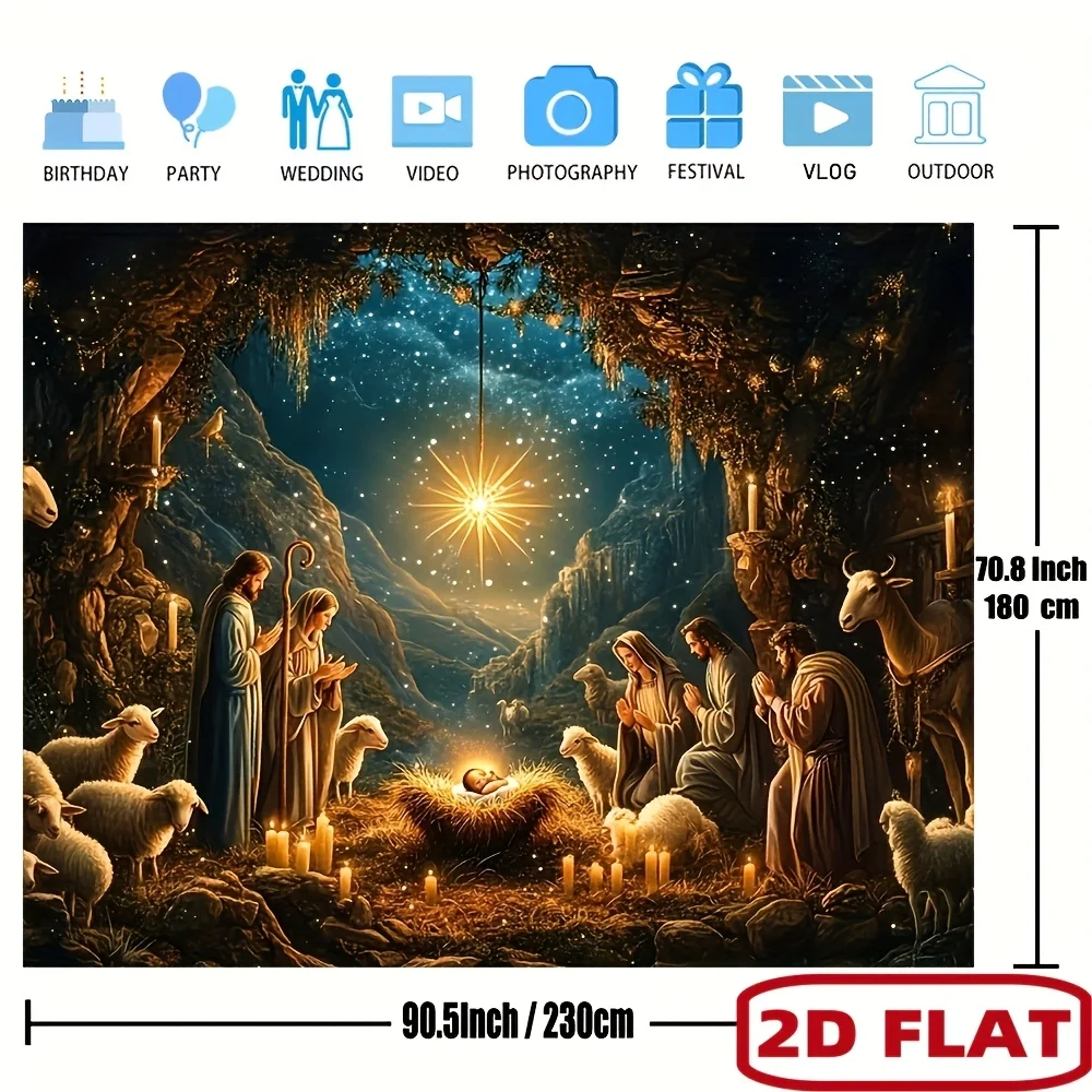 2D Flat, nativity scene christmas tapestry jesus birth manger shepherds wise men starry night view 2