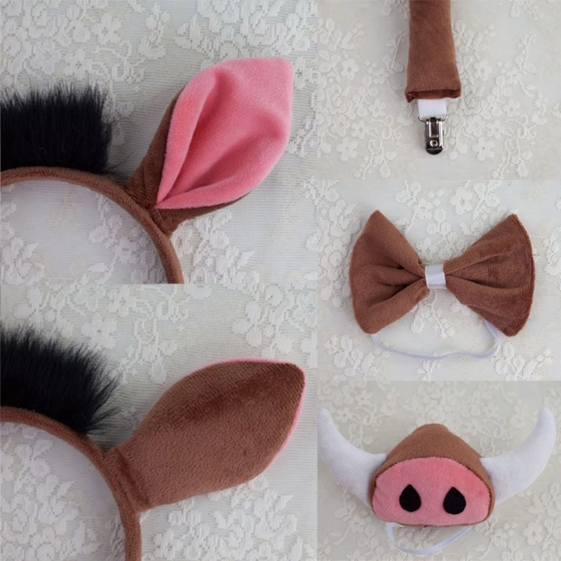 1/4/5/6Animal Fancy Costume Set Warthogs Ear Headbands Nose Tail Bowtie Tutus Glove for Halloween Cosplays Dress Up Part