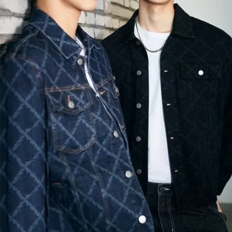British Style Lapels Vintage Casual Jackets New for Men's Jeans Coat Men's Plaid Denim Jacket Trendy Printing In Spring Workwear