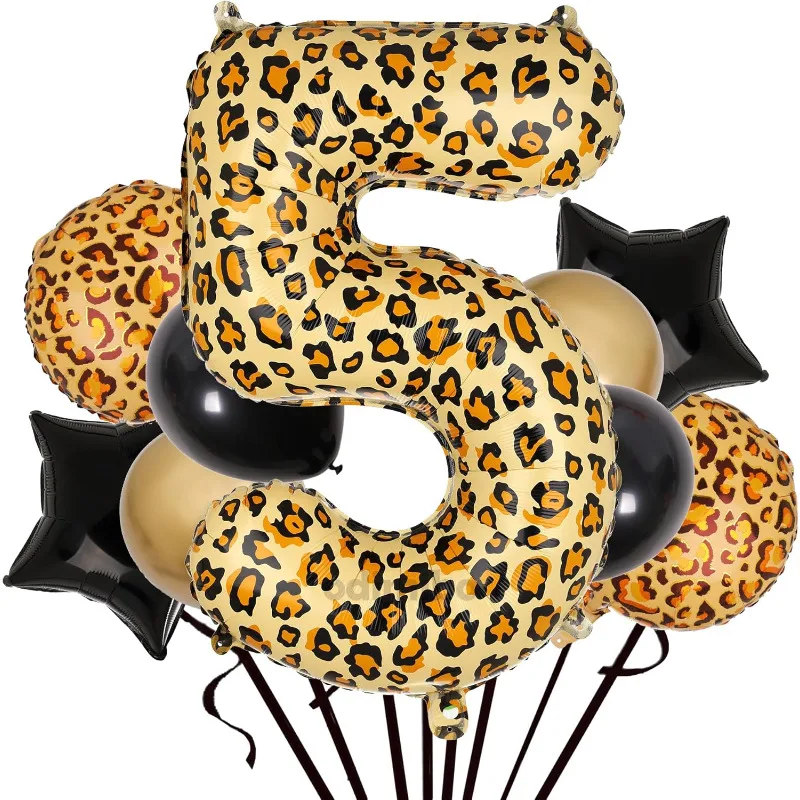 Leopard Print Number 5 Round Star Foil Balloons for Cheetah Animal Theme Birthday Wedding Anniversary Party Decorations Supplies