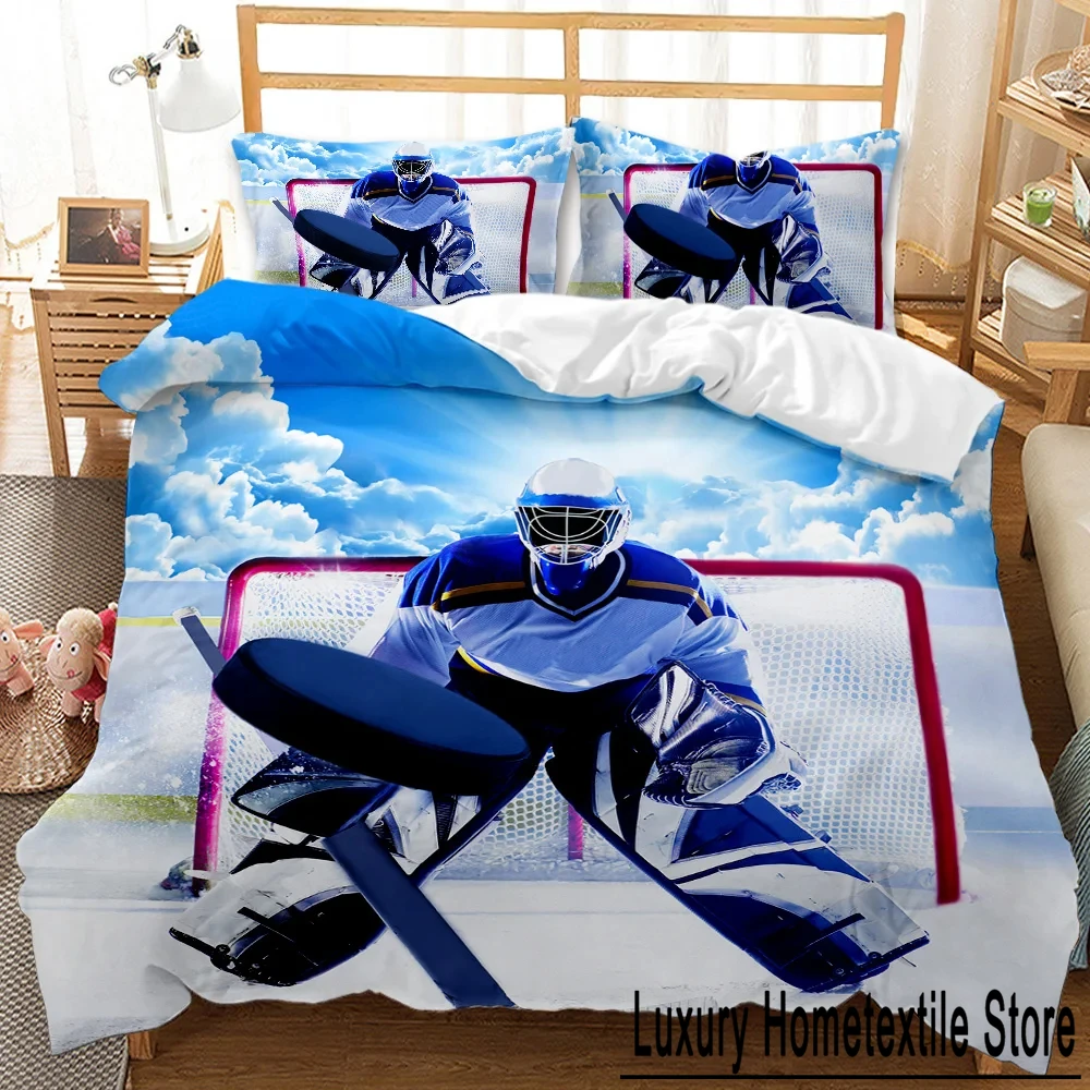 Ice Hockey Duvet Cover Set Twin Hockey Sport Player Bedding Set Winter Extreme Sport Game Polyester Comforter Cover Set King