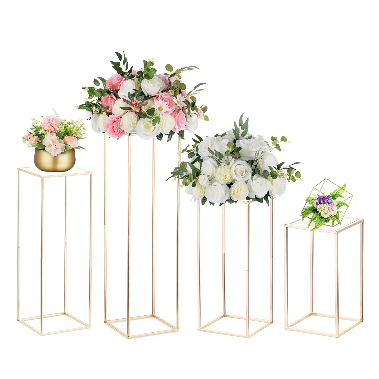 

4pcs Shiny Gold Iron Plinths Pillar Cake Holder Metal Frame Backdrops Wedding Centerpiece Flower Stand Home Crafts Rack Decor